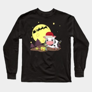 Cute Cow Santa With Reindeer Christmas Day Costume Gift Long Sleeve T-Shirt